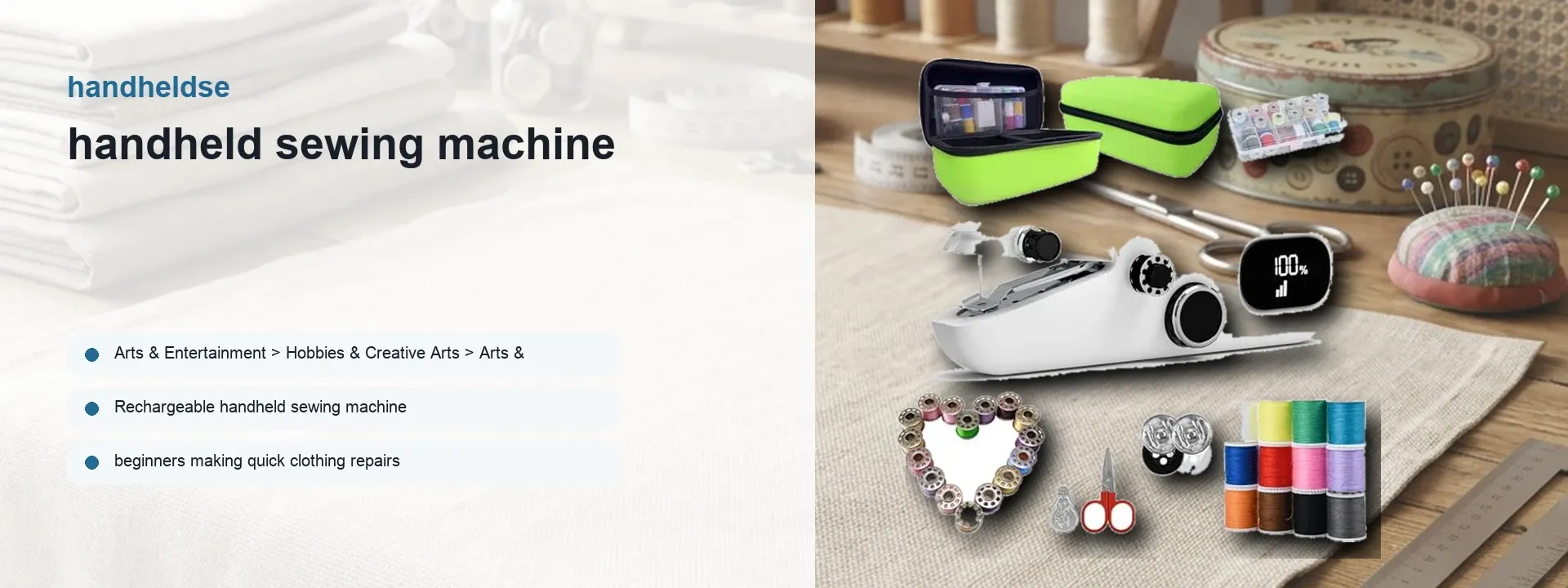 Rechargeable handheld sewing machine with accessories arranged on a craft table, shown in a lifestyle setting.